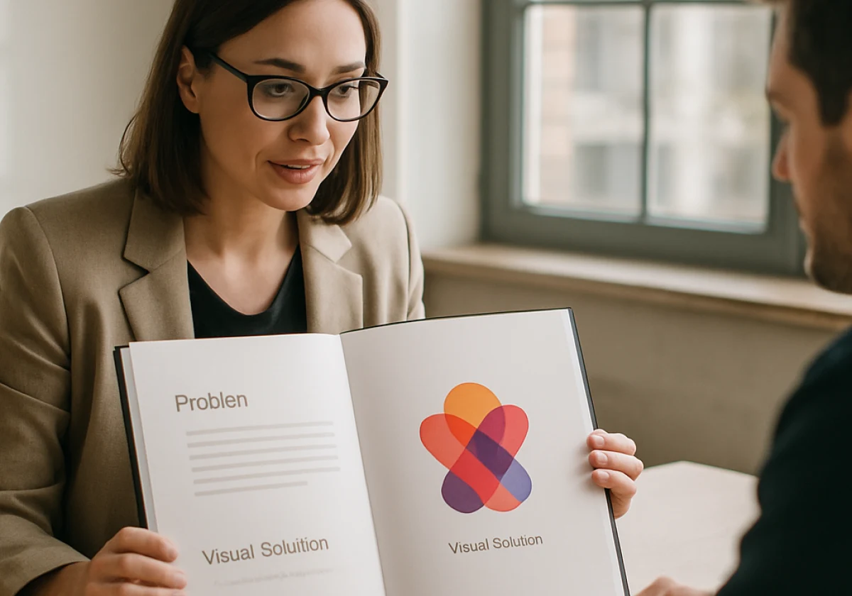 Branding consultant presenting a slim curated portfolio book
