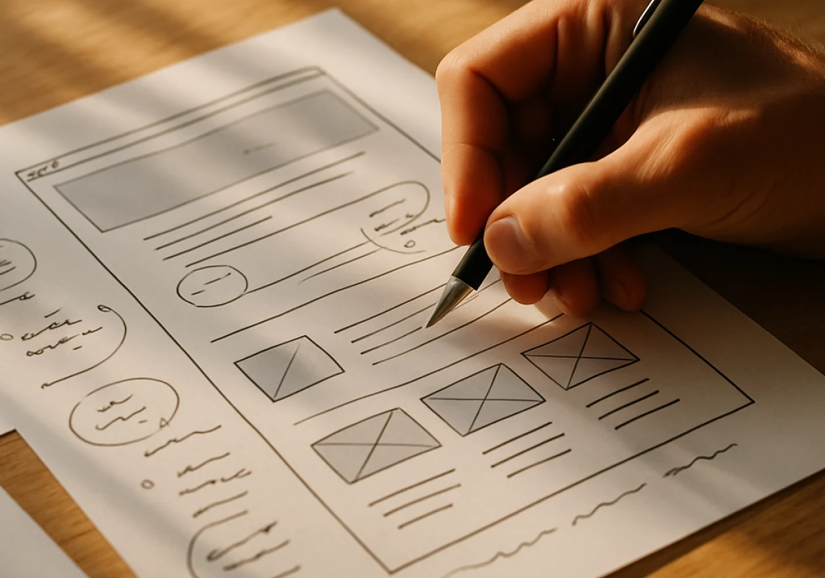 Close-up of a designer's hand holding a pen