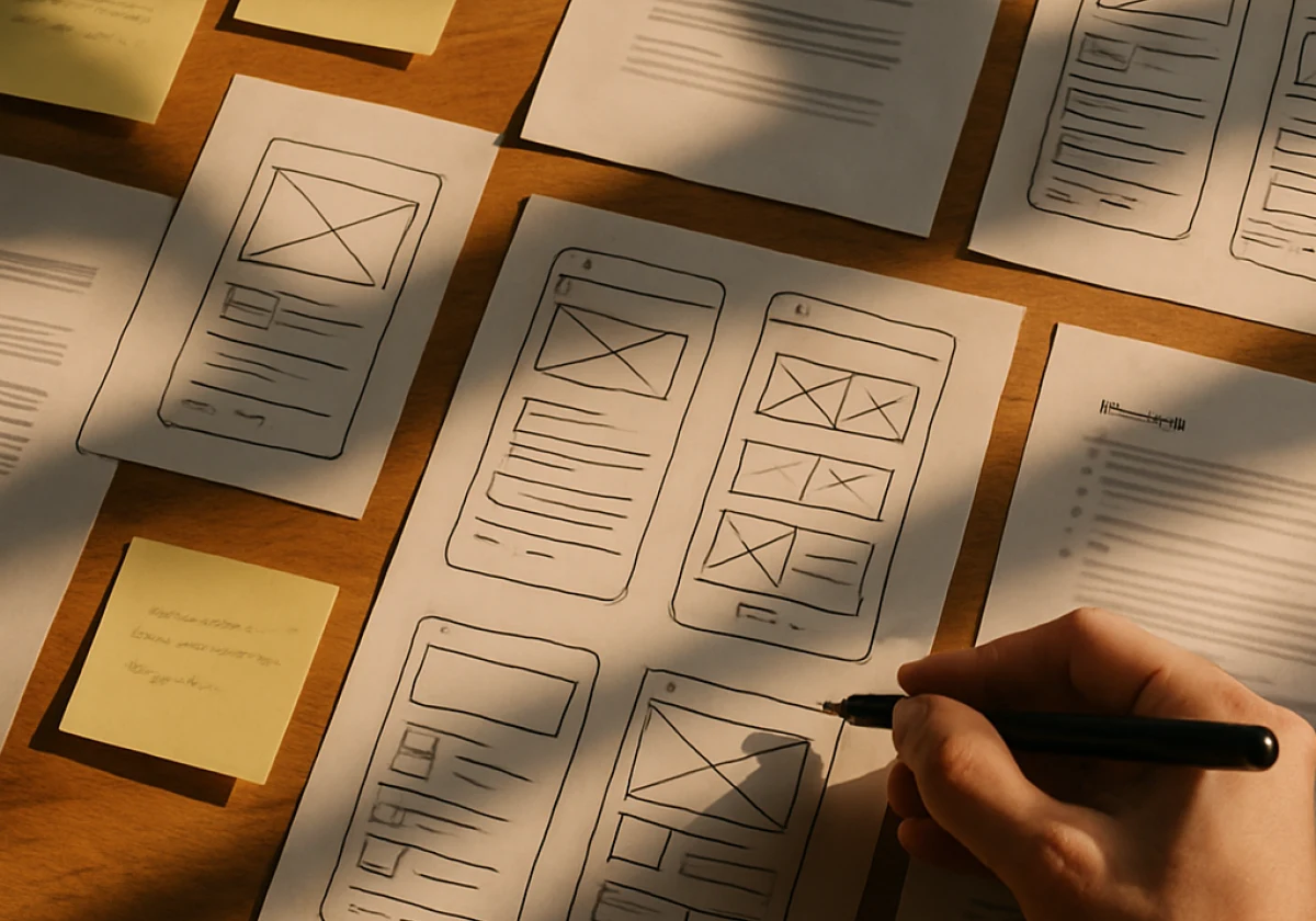 Close-up overhead shot of a designer's desk scattered with hand-drawn