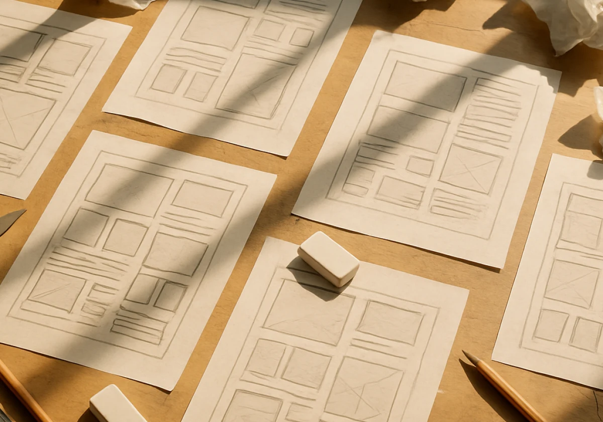 Design student's cluttered work surface covered in graphite sketches