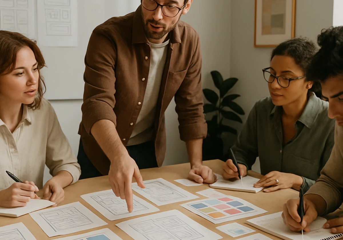 Design team of four people gathered around a conference table covered