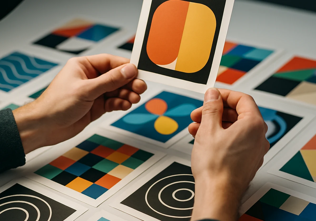 Designer's hands carefully selecting printed design samples