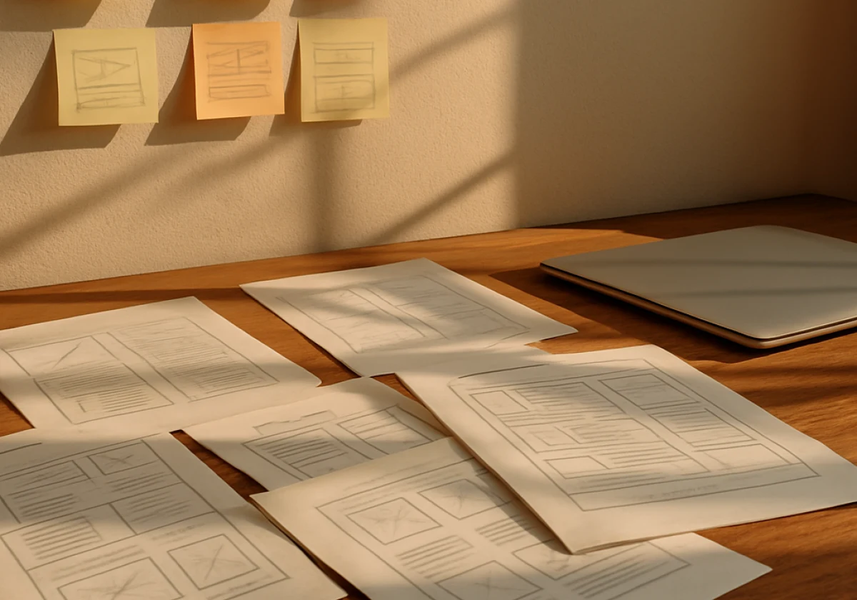 Designer's workspace at a wooden desk with scattered pencil sketches