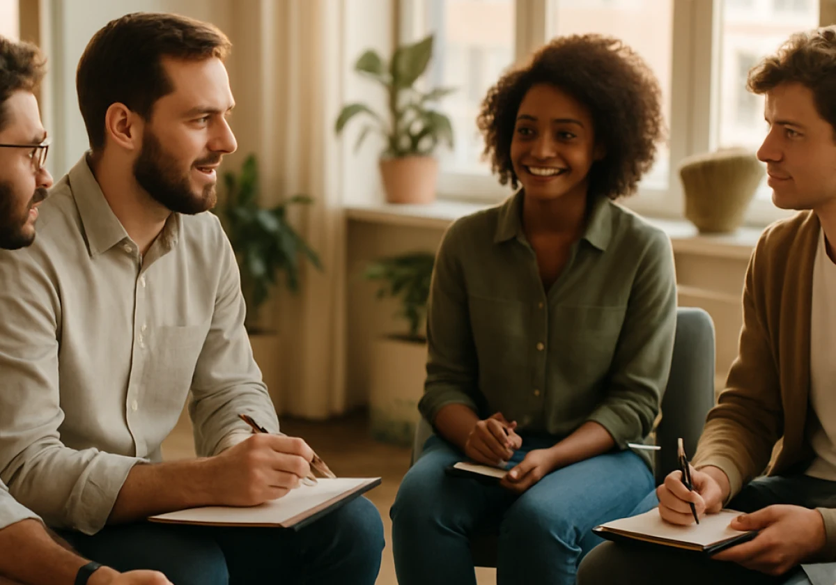 Group of five people in a casual circle within a bright office