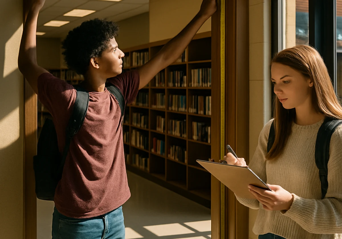 High school student measuring a library doorway frame