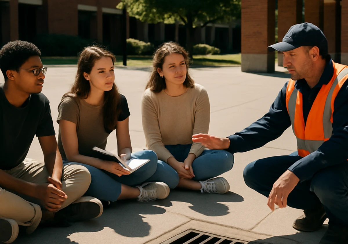 Small team of university students sitting cross-legged