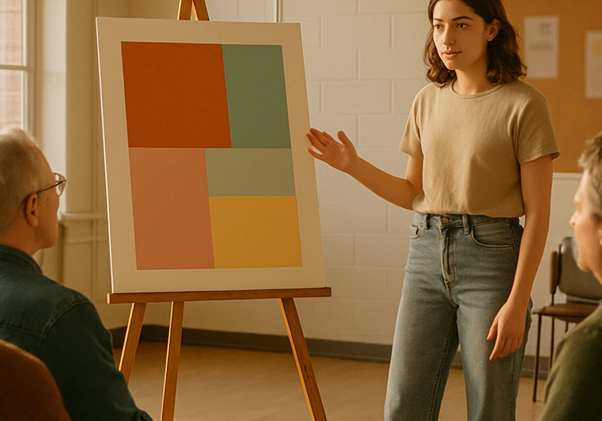 Young design student standing before a small group of adults seated